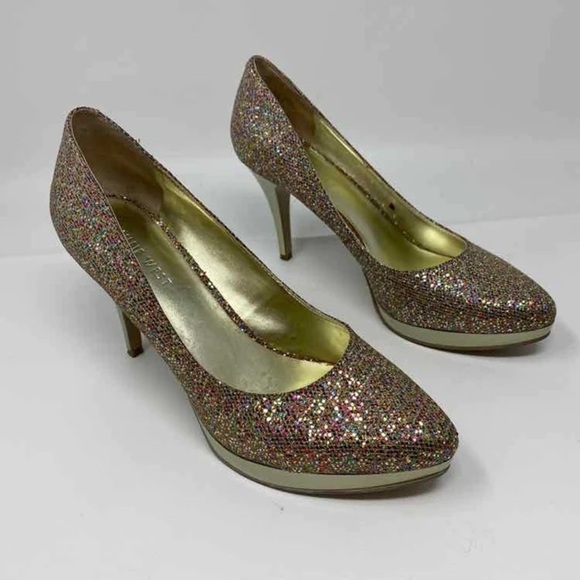 Nine West Women Size 6.5 M Priscilla Glitter Gold Platform Heels Party Night Out - Picture 3 of 5